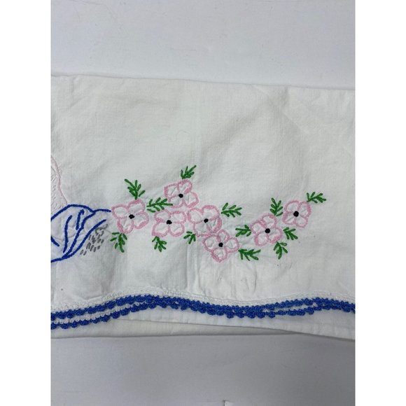 Vintage Embroidered Pillowcase Praying Hands Pink Flowers 20" X 29" Cotton - Picture 1 of 5
